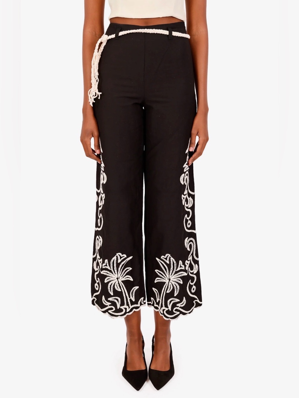 Maje Palm Tree Embroidery Pants FR 36 Black Wide Leg Cotton Rope Belt MFPPA00513